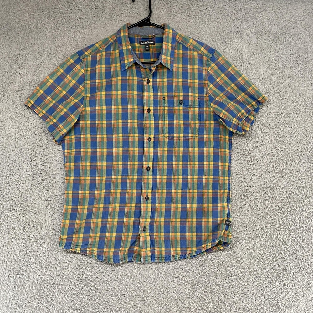 Toad&Co Plaid Shirt Mens Medium‎ Yellow Short Sleeve Button Up Organic Cotton